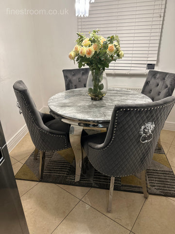 1.1M Grey Round Louis Dining Table With Dark Grey Majestic Chairs