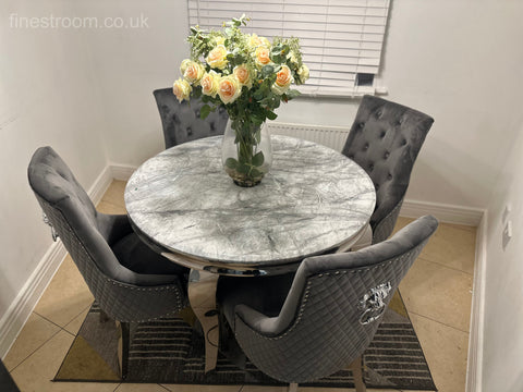 1.1M Grey Round Louis Dining Table With Dark Grey Majestic Chairs