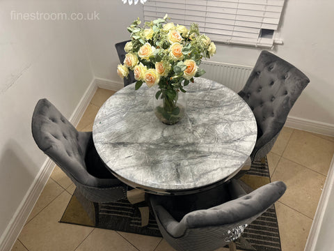 1.1M Grey Round Louis Dining Table With Dark Grey Majestic Chairs