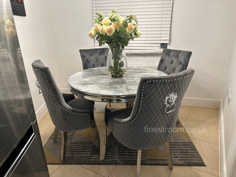 1.1M Grey Round Louis Dining Table With Dark Grey Majestic Chairs