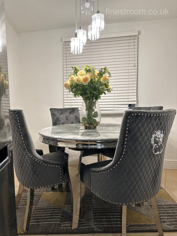1.1M Grey Round Louis Dining Table With Dark Grey Majestic Chairs
