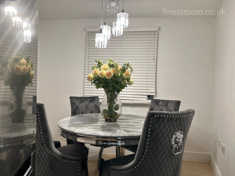 1.1M Grey Round Louis Dining Table With Dark Grey Majestic Chairs