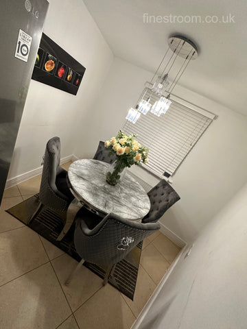 1.1M Grey Round Louis Dining Table With Dark Grey Majestic Chairs