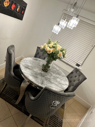 1.1M Grey Round Louis Dining Table With Dark Grey Majestic Chairs