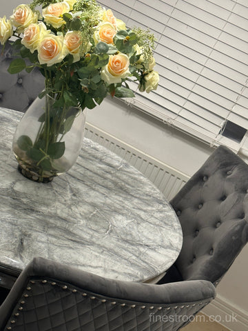 1.1M Grey Round Louis Dining Table With Dark Grey Majestic Chairs