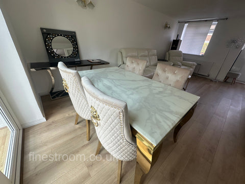 White Gold Louis Dining Table With Mink Gold Majestic Chairs