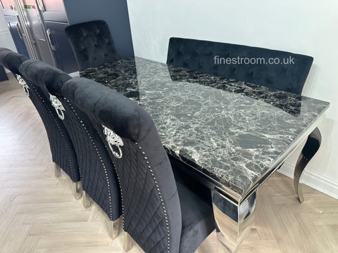 Black Louis Dining Table With Black Sofia Chairs & High Back Bench