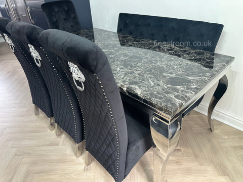 Black Louis Dining Table With Black Sofia Chairs & High Back Bench
