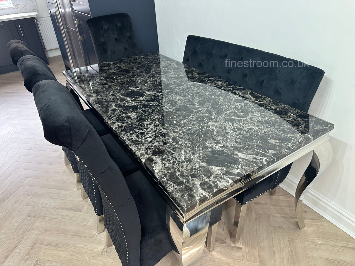 Black Louis Dining Table With Black Sofia Chairs & High Back Bench