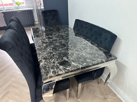 Black Louis Dining Table With Black Sofia Chairs & High Back Bench