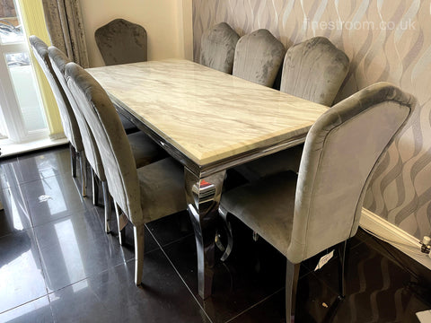 White Louis Dining Table With Dark Grey Alice Chairs