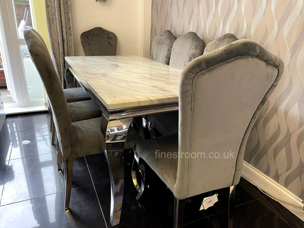 White Louis Dining Table With Dark Grey Alice Chairs