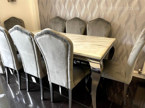 White Louis Dining Table With Dark Grey Alice Chairs
