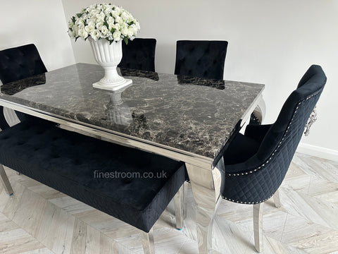 Black Louis Dining Table With Black Majestic Chairs & Bench