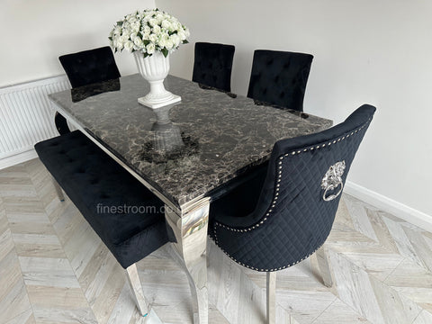 Black Louis Dining Table With Black Majestic Chairs & Bench