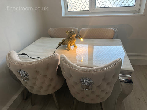 Cream Louis Chrome Dining Table with Mink Valentino Chairs