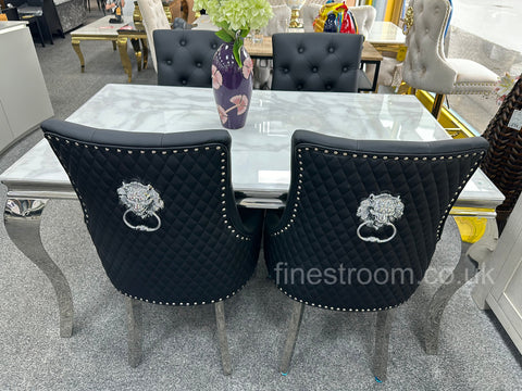 White Louis Dining Table With Black Leather Majestic Chairs