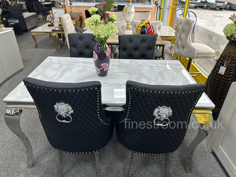 White Louis Dining Table With Black Leather Majestic Chairs
