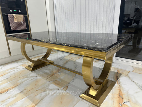 Black Gold Ariana Dining Table With Black Gold Sqaure Knocker Sofia Chairs