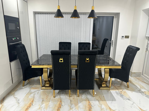 Black Gold Ariana Dining Table With Black Gold Sqaure Knocker Sofia Chairs