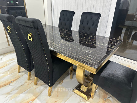 Black Gold Ariana Dining Table With Black Gold Sqaure Knocker Sofia Chairs