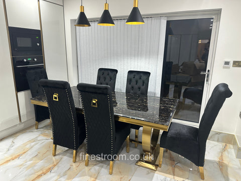 Black Gold Ariana Dining Table With Black Gold Sqaure Knocker Sofia Chairs