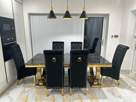 Black Gold Ariana Dining Table With Black Gold Sqaure Knocker Sofia Chairs