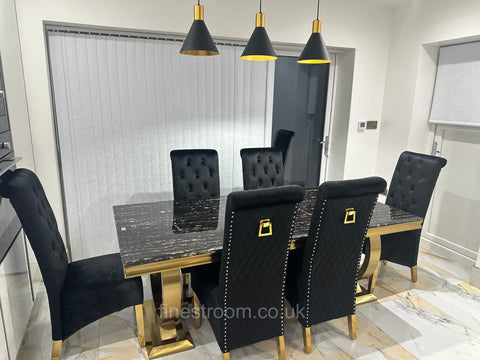 Black Gold Ariana Dining Table With Black Gold Sqaure Knocker Sofia Chairs