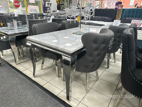 White Louis Dining Table With Dark Grey Leather Valentino Chairs