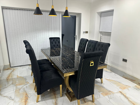 Black Gold Ariana Dining Table With Black Gold Sqaure Knocker Sofia Chairs