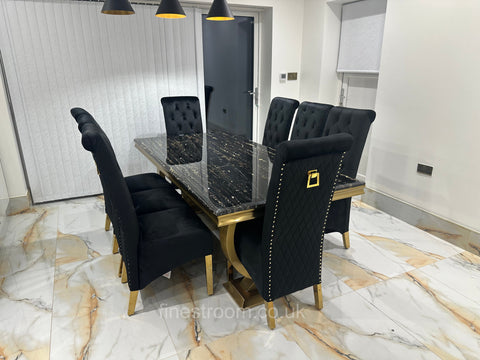 Black Gold Ariana Dining Table With Black Gold Sqaure Knocker Sofia Chairs