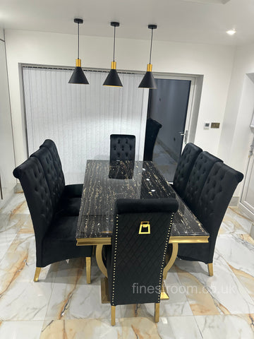 Black Gold Ariana Dining Table With Black Gold Sqaure Knocker Sofia Chairs