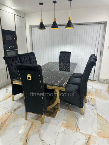 Black Gold Ariana Dining Table With Black Gold Sqaure Knocker Sofia Chairs