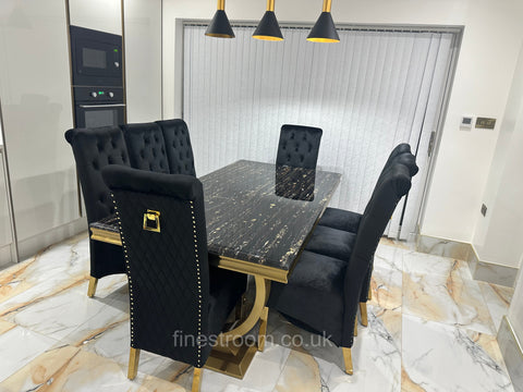 Black Gold Ariana Dining Table With Black Gold Sqaure Knocker Sofia Chairs