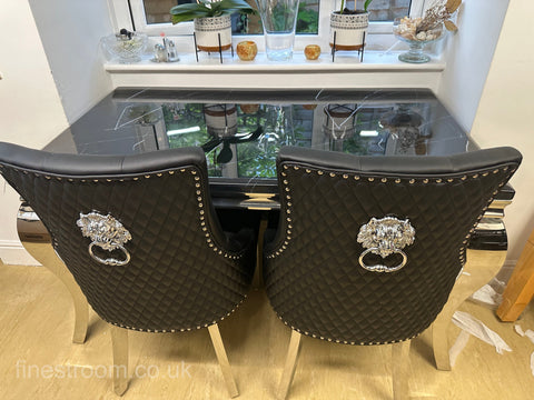 Black Plain Louis Dining Table With Black Leather Majestic Chairs