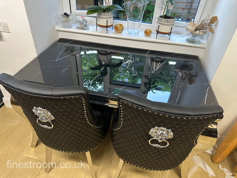 Black Plain Louis Dining Table With Black Leather Majestic Chairs