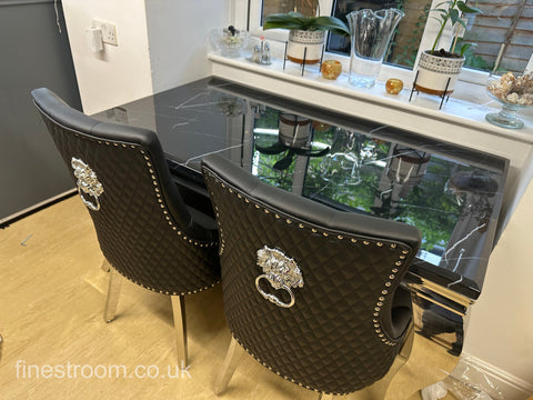Black Plain Louis Dining Table With Black Leather Majestic Chairs