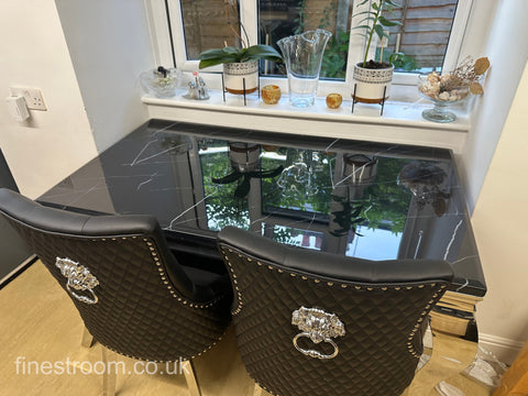 Black Plain Louis Dining Table With Black Leather Majestic Chairs