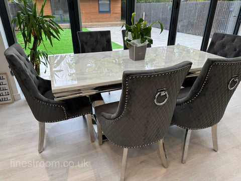 White Arial Dining Table With Dark Grey Round Knocker Majestic Chairs