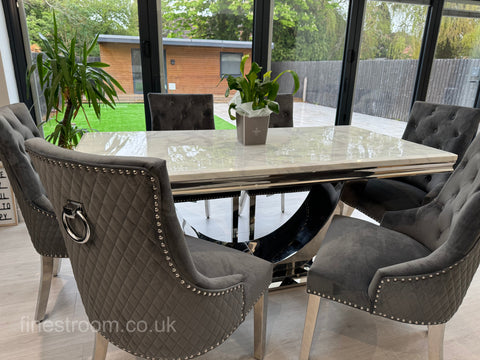 White Arial Dining Table With Dark Grey Round Knocker Majestic Chairs