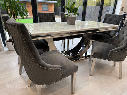 White Arial Dining Table With Dark Grey Round Knocker Majestic Chairs