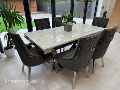 White Arial Dining Table With Dark Grey Round Knocker Majestic Chairs