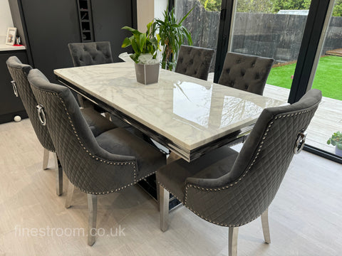 White Arial Dining Table With Dark Grey Round Knocker Majestic Chairs