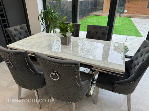 White Arial Dining Table With Dark Grey Round Knocker Majestic Chairs