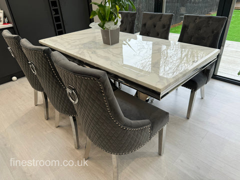 White Arial Dining Table With Dark Grey Round Knocker Majestic Chairs
