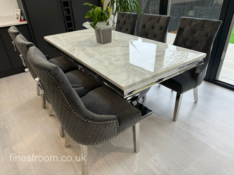 White Arial Dining Table With Dark Grey Round Knocker Majestic Chairs