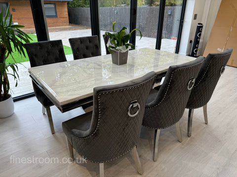 White Arial Dining Table With Dark Grey Round Knocker Majestic Chairs