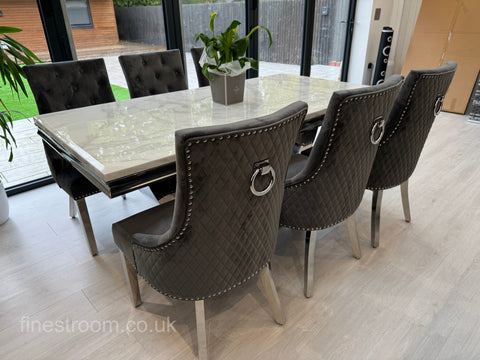 White Arial Dining Table With Dark Grey Round Knocker Majestic Chairs