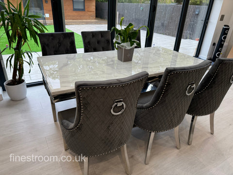 White Arial Dining Table With Dark Grey Round Knocker Majestic Chairs
