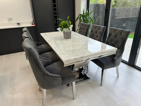 White Arial Dining Table With Dark Grey Round Knocker Majestic Chairs